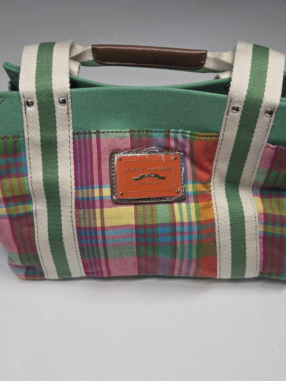 Tommy Hilfiger Multicolor Plaid Canvas Tote Bag - Green & Pink Accents